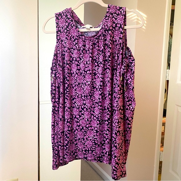 Michael Kors Purple Floral Cold Shoulder Top Size XL - Open Shoulder Design - Picture 1 of 8
